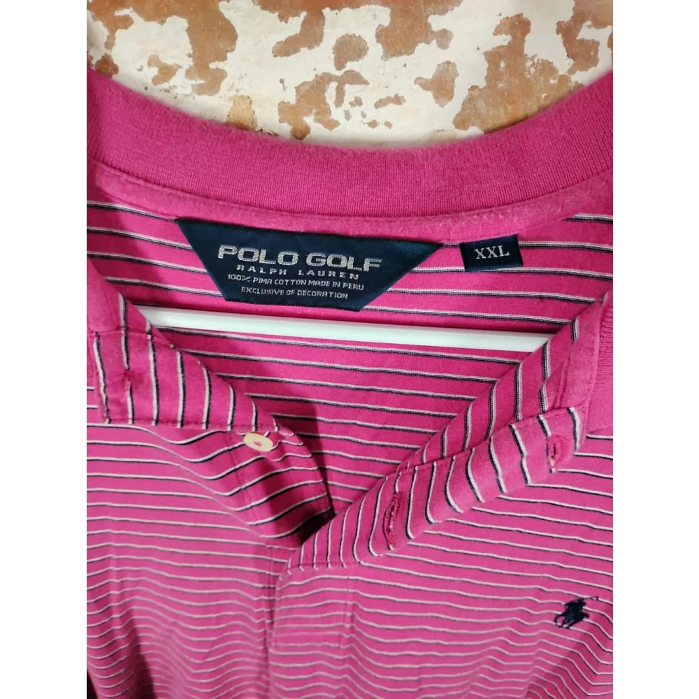 Polo Golf Ralph Lauren Short Sleeve Shirt Men 2XL‎ Pink White Striped Pro Fit